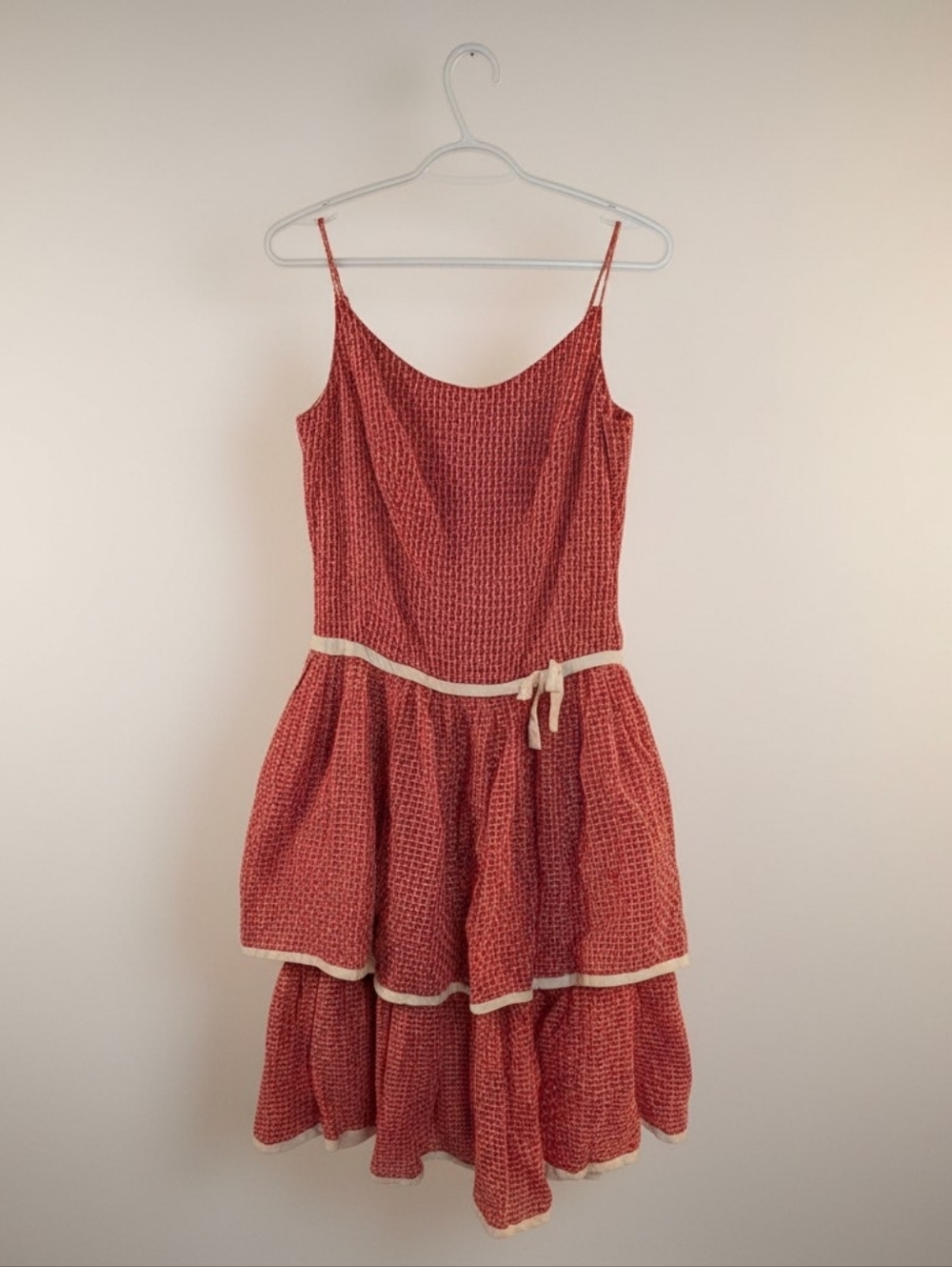Vintage 1950s Styled by Ricki Toronto Red Gingham Flocked Dot Tiered Dress